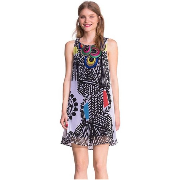 Desigual Black and White Patterned Dress with Multicolor Accents - Picture 1 of 6